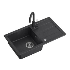 GO- MAX CZARNY zlewozmywak granitowy 1-k z/o (77x44x17,5) z bateria w kolorze  i syfonem manualnym z zaślepką