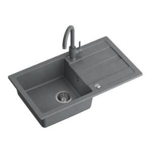 Obrazek GO- MAX SZARY zlewozmywak granitowy 1-k z/o (77x44x17,5) z baterią w kolorze  i syfonem manualnym z zaślepką