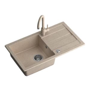 Obrazek GO- MAX BEŻOWY zlewozmywak granitowy 1-k z/o (77x44x17,5) z baterią w kolorze i syfonem manualnym z zaślepką
